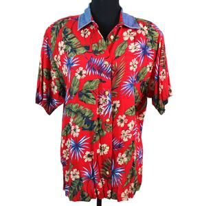 Vintage 90s Rayon Red Hawaiian Shirt Button Down Denim Collar Medium Retro